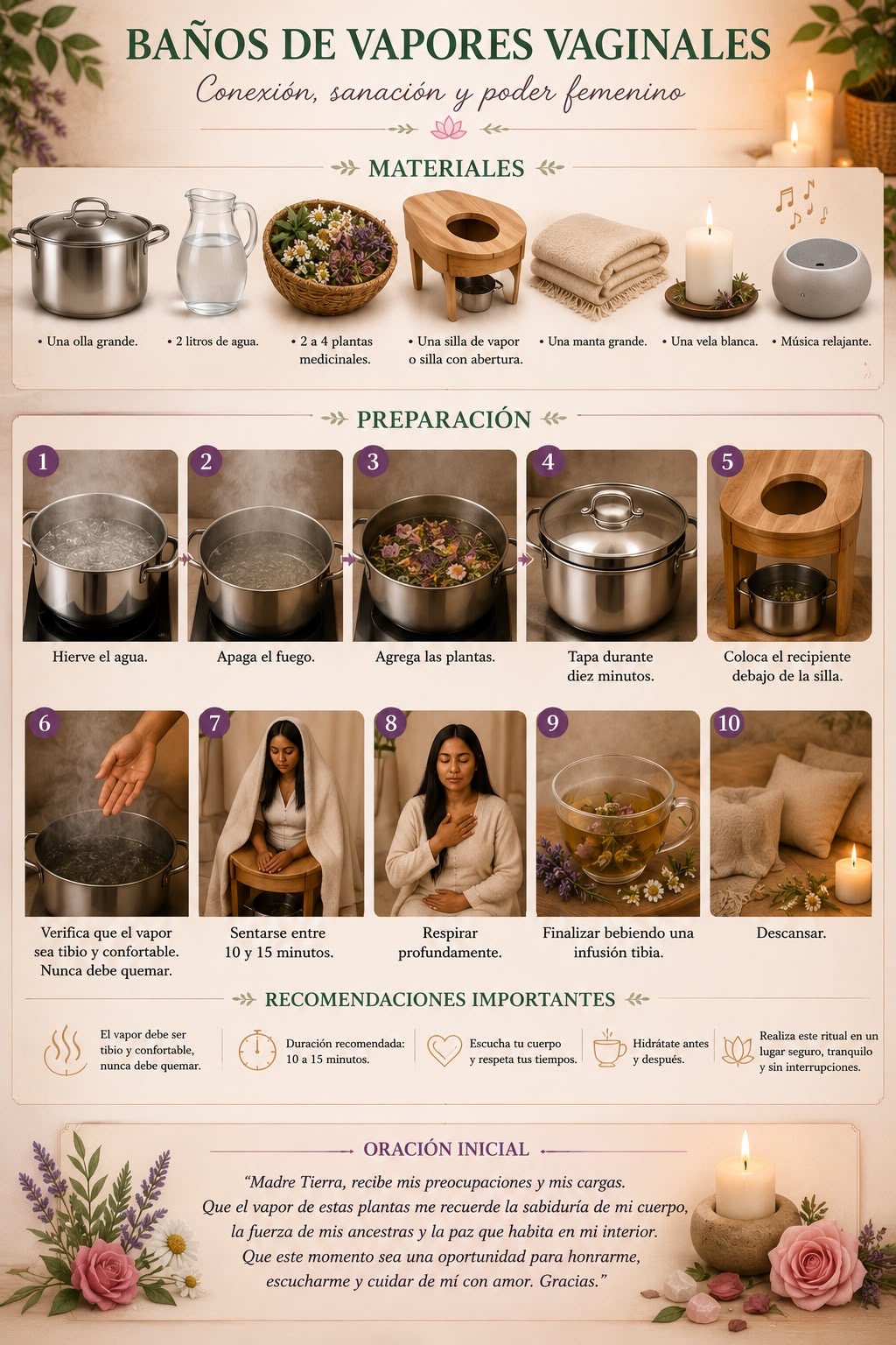 Infografía Baños de Vapores Vaginales: materiales, preparación, recomendaciones y oración inicial