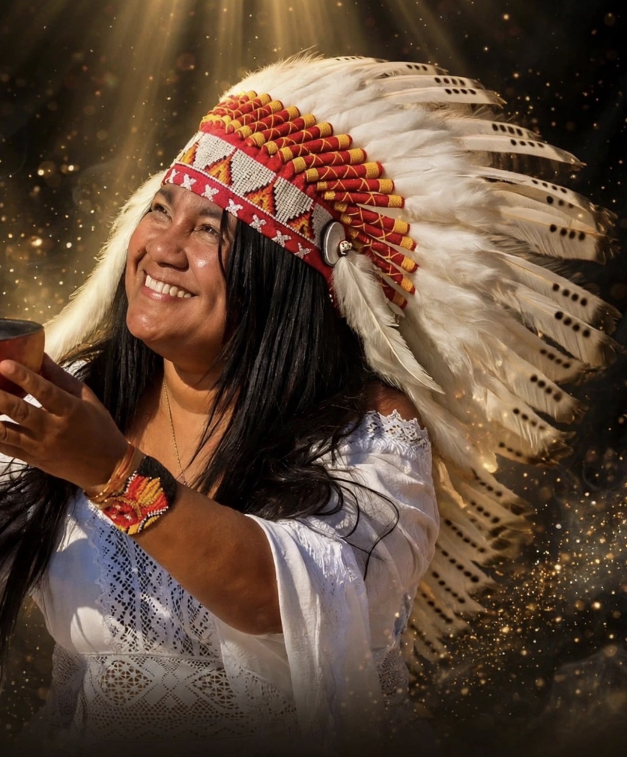 Munay Weyu con tocado de plumas blancas y rojas sosteniendo un cuenco ceremonial